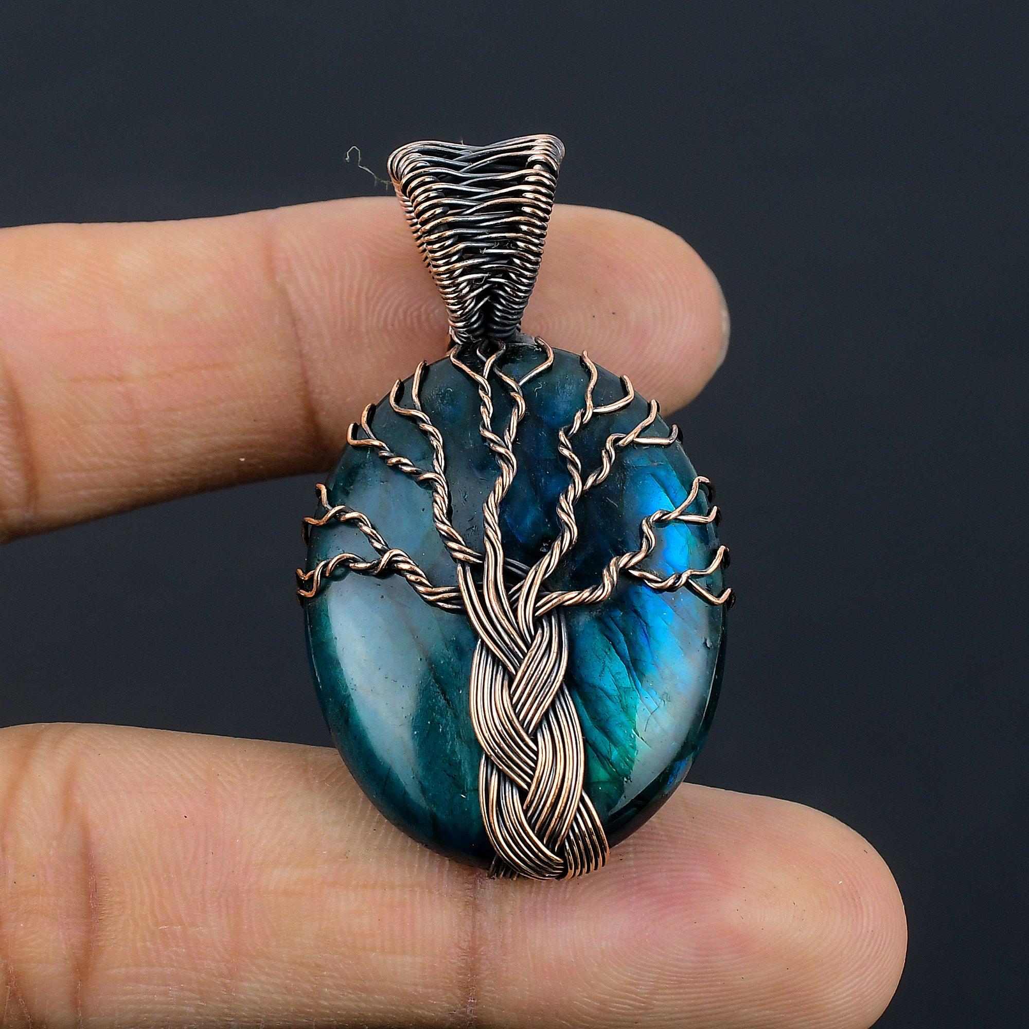

Tree Of Life Blue Flash Labradorite Handmade Pendant, Natural Gemstone Jewelry, 999 Copper Wire Wrapped Pendant Jewelry, For Gift 2.55 Inches