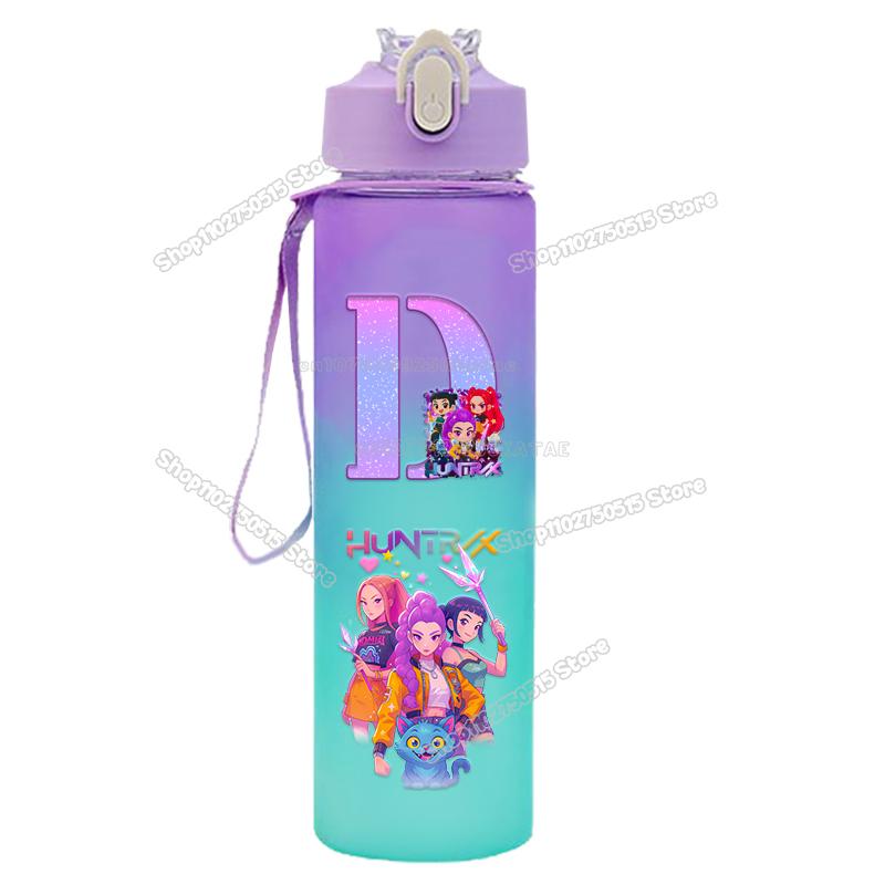 High Quality KPop Demon Hunters Gradient Water Bottles 750ml Movie Girl Letter A-Z Straw Drink Cups Portable High-capacity Outdoor Bottle