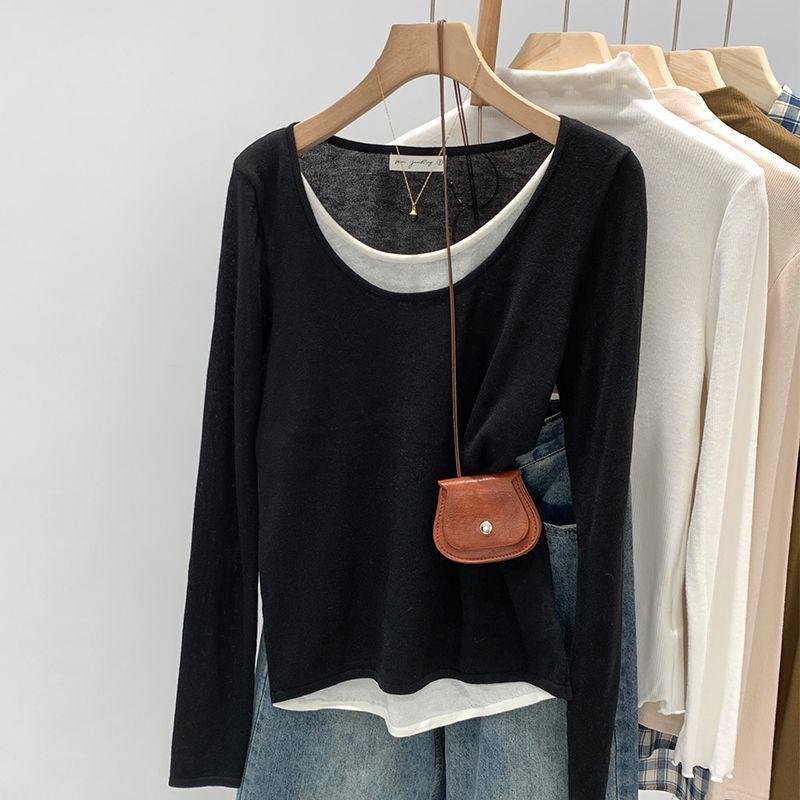 Plus Size Women's Contrast Knit Base Layer Top, Spring & Autumn, Loose Fit, Fake Two-Piece, Relaxed Feel.