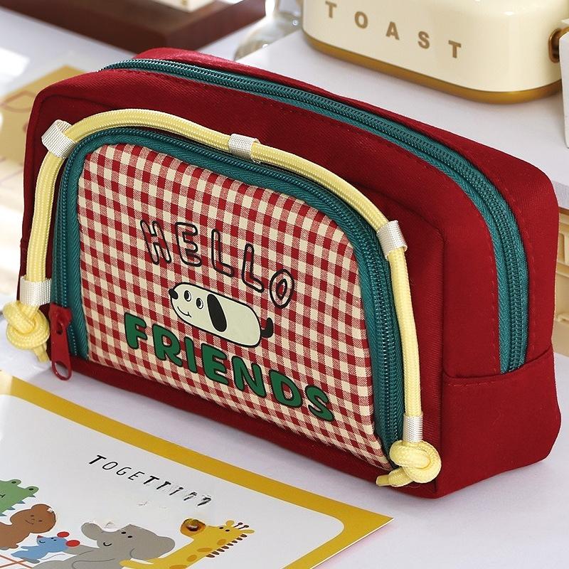 

Cartoon Puppy Large-capacity Retro Plaid Windowed Pencil Bag Unisex Cute High-value Dirt-resistant Stationery Bag