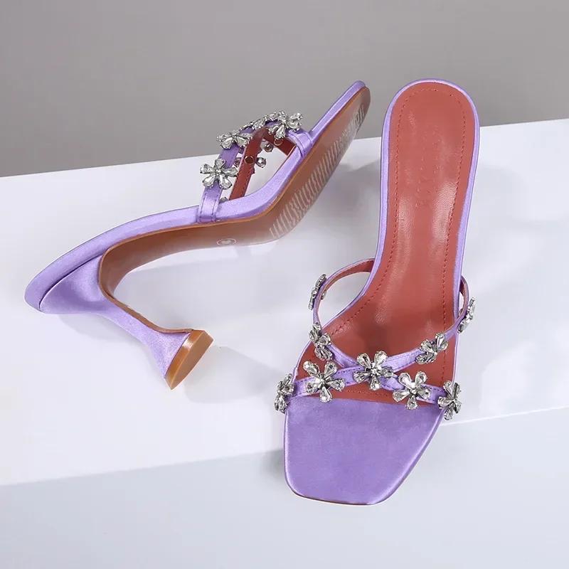 Fashion Shiny Crystal Flowers Decorative Women's Sandals 2025 Elegant High Heeled Slide Sandals for Women Cross Strap Summer High Heels