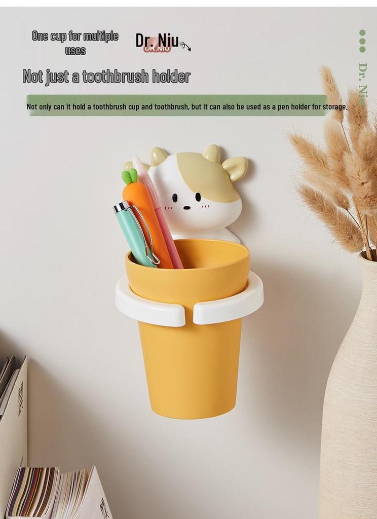 Wall-Mounted No-Drill Toothbrush & Mouthwash Cup for Kids & Students