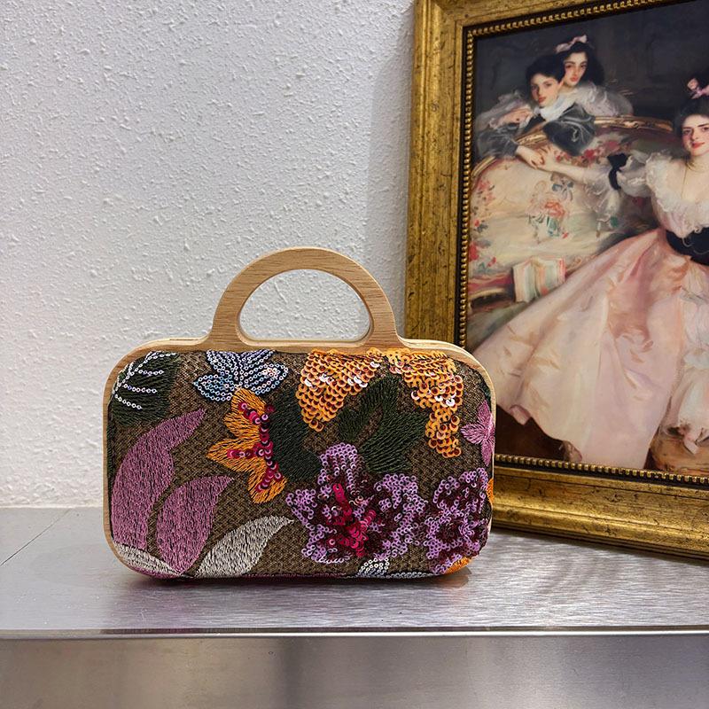 

Embroidery Sequins Wooden Clip Box Bag Handbag Luxury Flower Applique Evening Bags for Women Party Clutch Shoulder Crossbody Bag