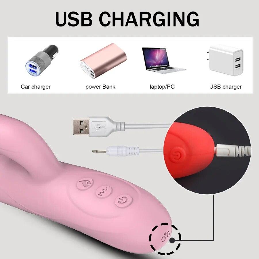 Double Tongue Vibrating Dildo with Warming Telescopic Rotating Vibrator for Woman Anal Vaginal Clitoris Stimulator Sex Toys