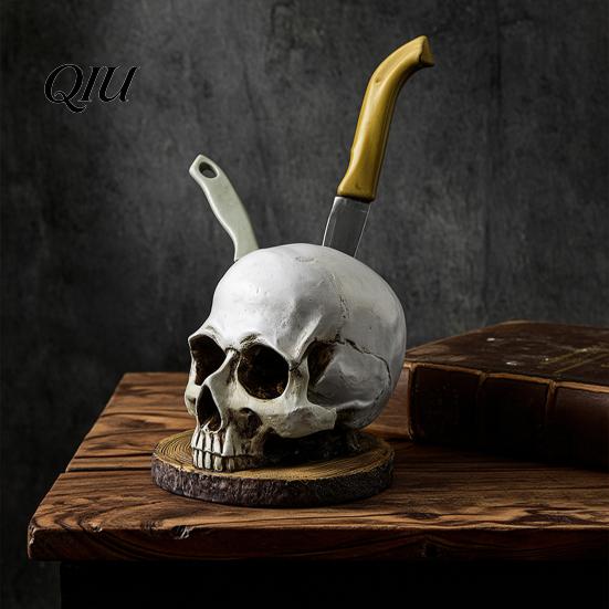 Odolný pryskyřičný blok na nože s držákem lebky, Strašidelný stojan s hlavou kostlivce se 7 přihrádkami, Halloweenský stojan na nože pro gotickou kuchyňskou desku