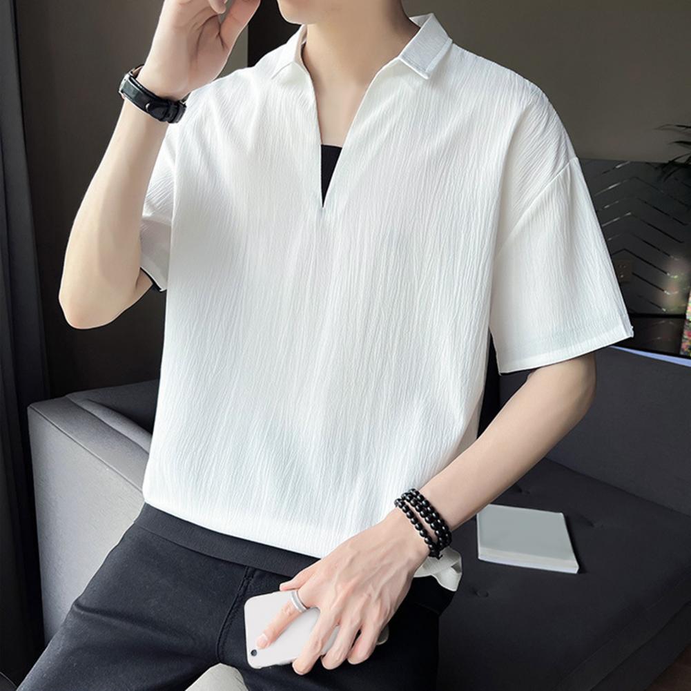 Sommer Herrenhemd V-Ausschnitt Revers Einfarbig Fake Zweiteiler Eisseide Kurze Ärmel Lockerer Pullover Dehnbar Lässiges Alltags-T-Shirt Spo