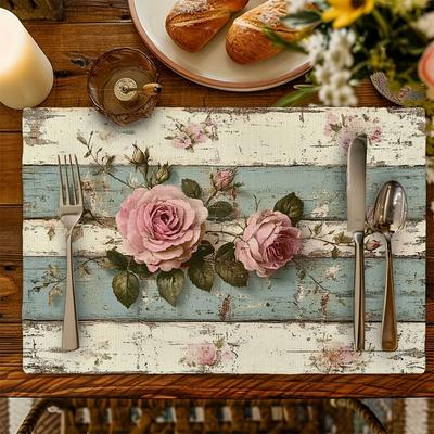 VIKAM 4/6/8/10pcs Vintage Rose Print Table Mat Easy-to-Clean Dining Table Protective Pad Kitchen Restaurant Placemat Decoration