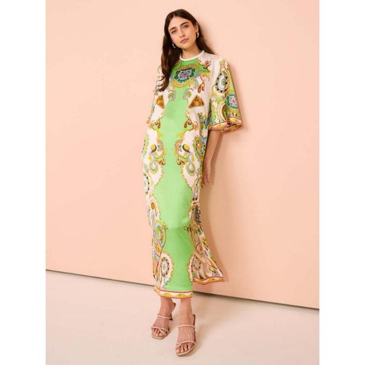 Women Summer Maxi Dress Satin Slit Print Positioning S