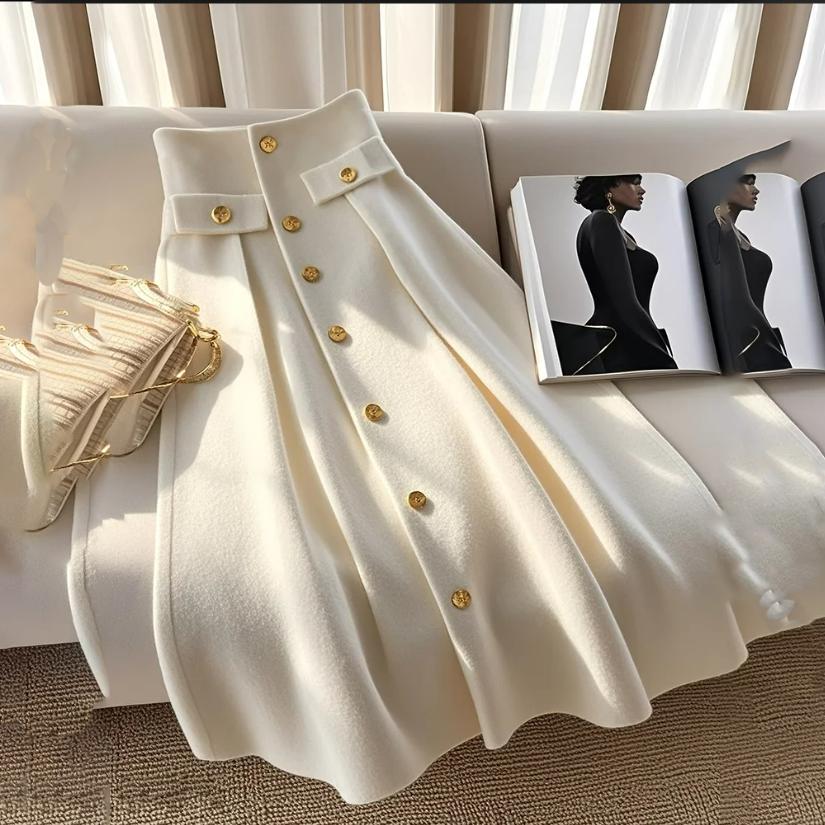 White Knitted High Waist Sliming A-line Skirt for Women Autumn/Winter Light Luxury High End Elegant Commuter Maxi Skirts