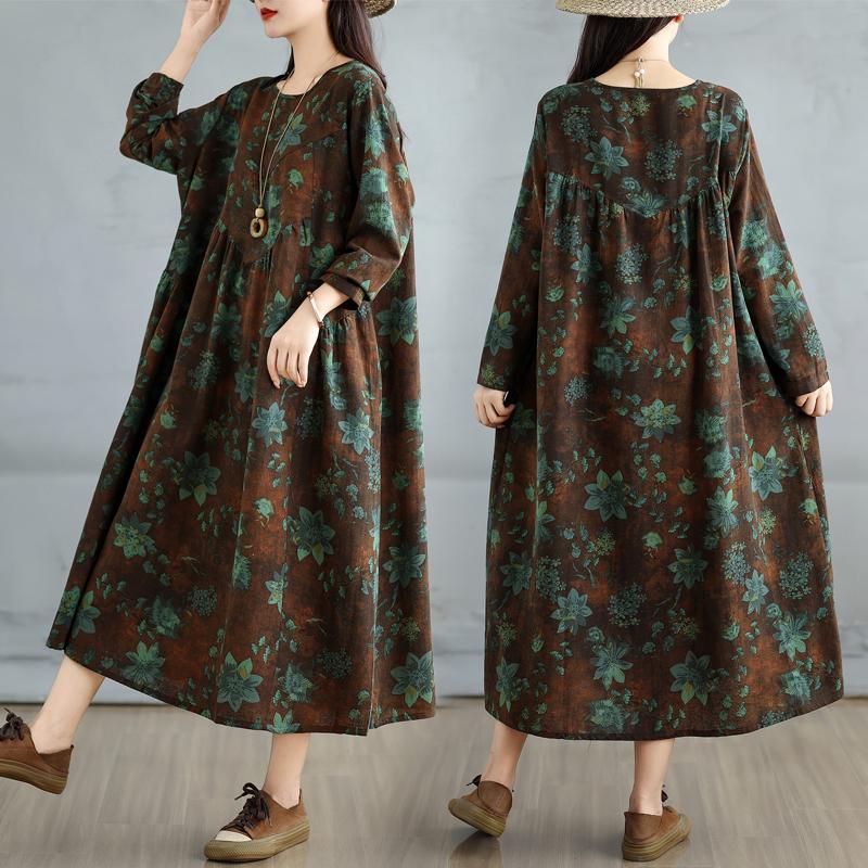 Dimanaf 2025 Dame Pluss Størrelse Vår Lang Kjole Løs Basic Trykk Vintage Casual Blomstret Oversize Langermet Maxi