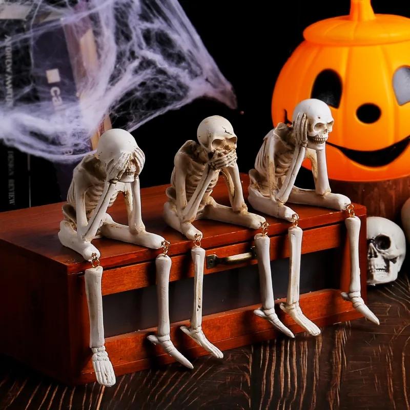 Halloween Resin Statues - See/Speak/Hear No Evil Skeleton Figurines Realistic Skull Decor for Bookshelf & Table Edge Ornament