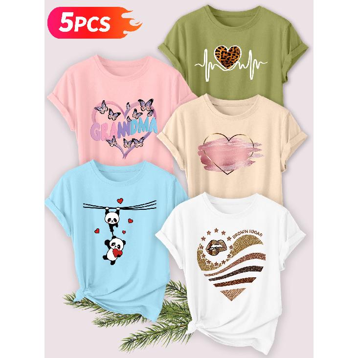 Five-piece set Elegant short-sleeved shirt for women Fun Panda Heart Series Printed Round Neck Women's Short Sleeve Shirt Suitable for Spring and
