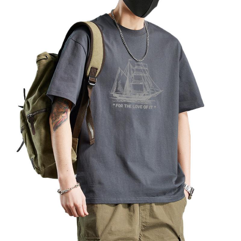 Boat Print T Shirt Summer O Neck Short Sleeve Cotton T Shirts Men Tops