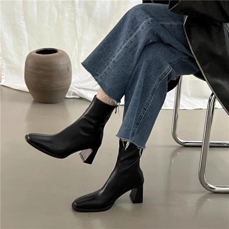 High Heel Skinny Boots Autumn New Square Toe Back Zipper Anti-slip Wear-resistant Block Heel Short Boots