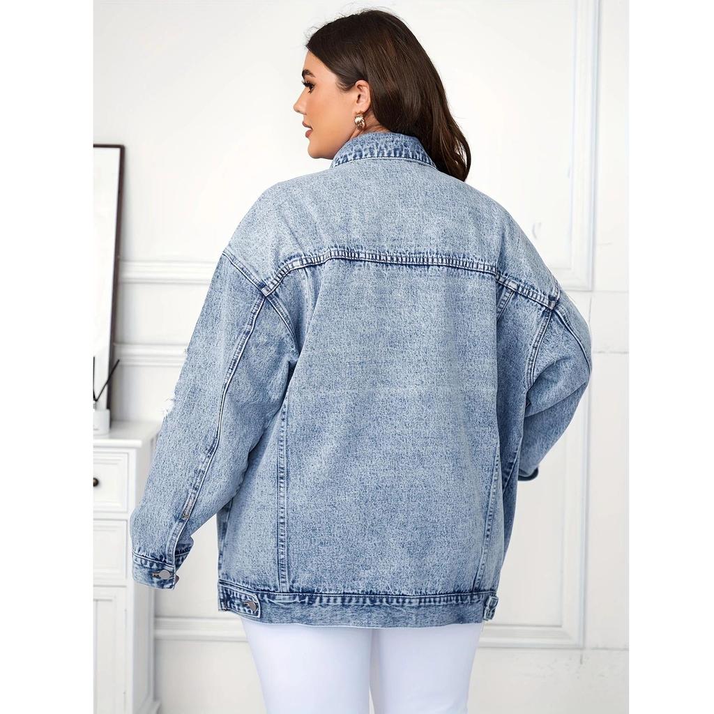 Women's Retro Worn-out Denim Jacket - European Street Style, Loose Fit for Spring and Autumn