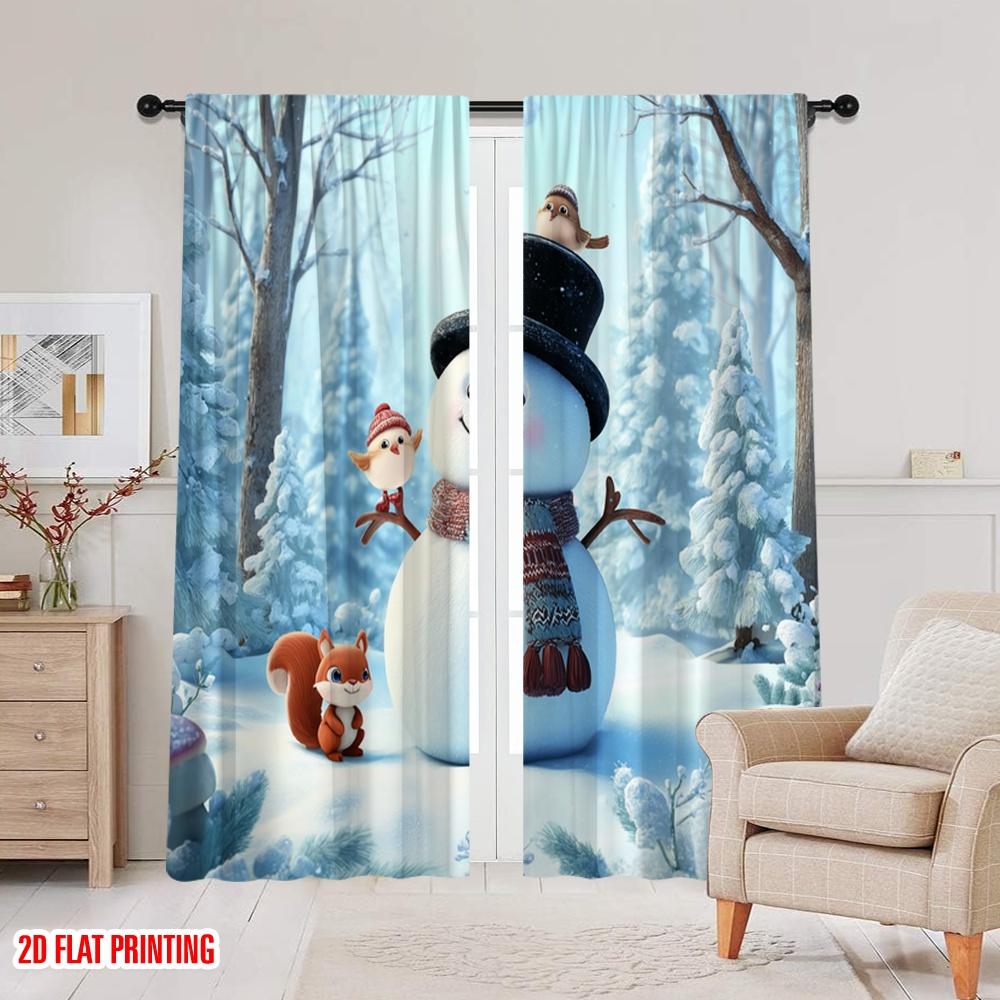 2 Stück, 2D-Flachdruck Druckvorhänge Winter Schneemann & Eichhörnchen Vielseitiger Stoff (ohne Stange) Vielseitig Alles für Schlafzimmer &