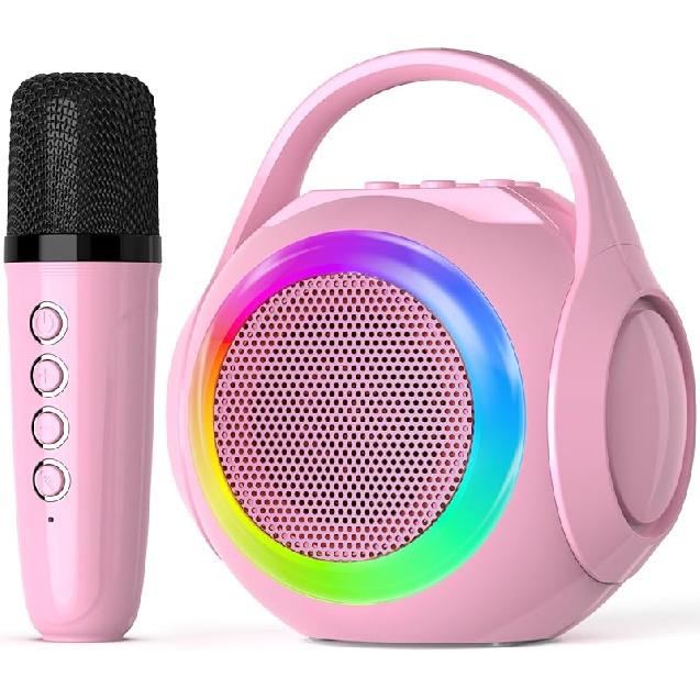 Мини-караоке-машина Hockvill для детей с 2 микрофонами, Bluetooth-игрушка для караоке для малышей со светодиодной подсветкой, перезаряжаемый портативный динамик для девочек и Pink - 1Mic