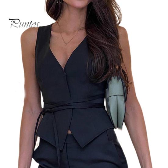 

Женский весенне-летний жилет с глубоким v-образным вырезом, повседневный жилет без рукавов на шнуровке, облегающий однотонный праздничный жилет, уличная одежда L чёрный