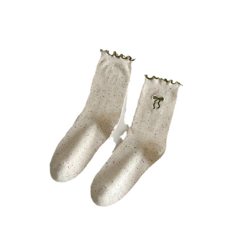 Pre-Autumn Combed Cotton Socks, Mid-Tube Socks, Sweat-Wicking Breathable Lace Bow Embroidery Stack Socks