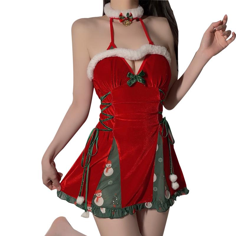 Gorgeous Velvet Deep V Halter Christmas Lingerie Set with Padding 4749