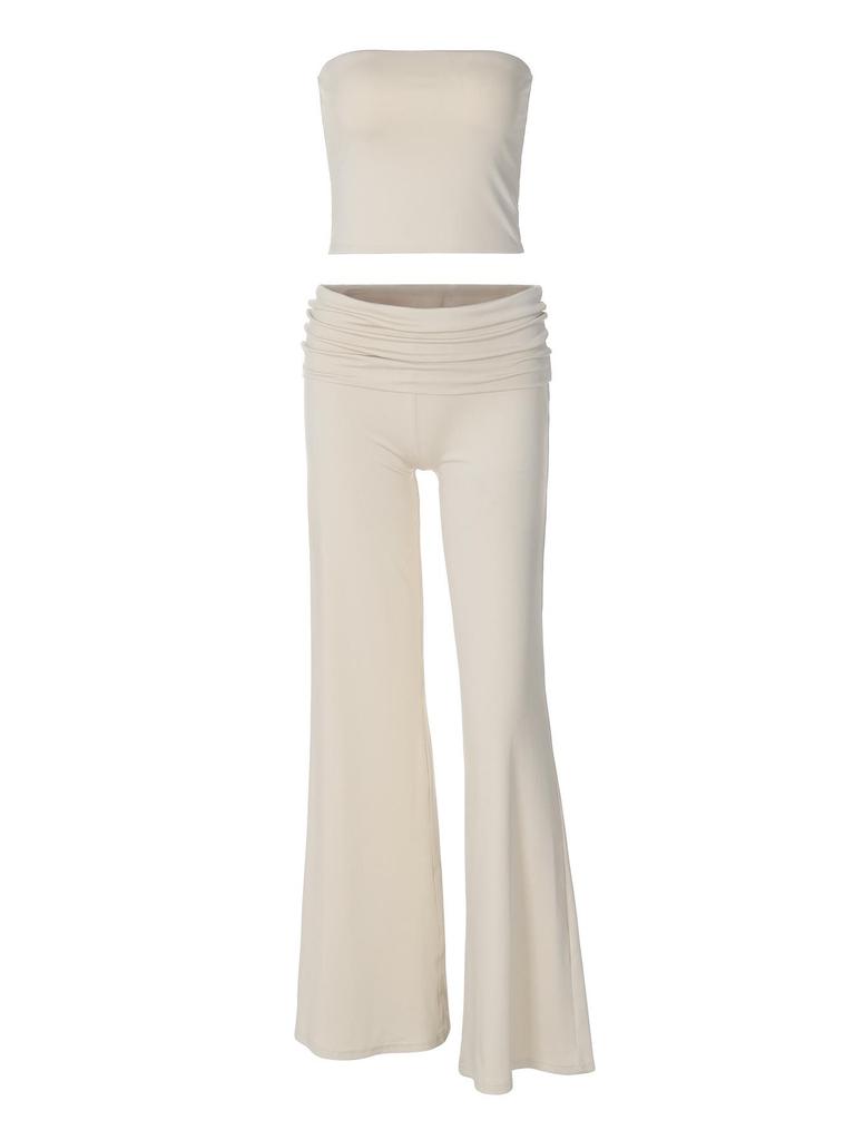 Women's Spring 2025 Solid Strapless Top and Flared Pants Slimming Fashion Set