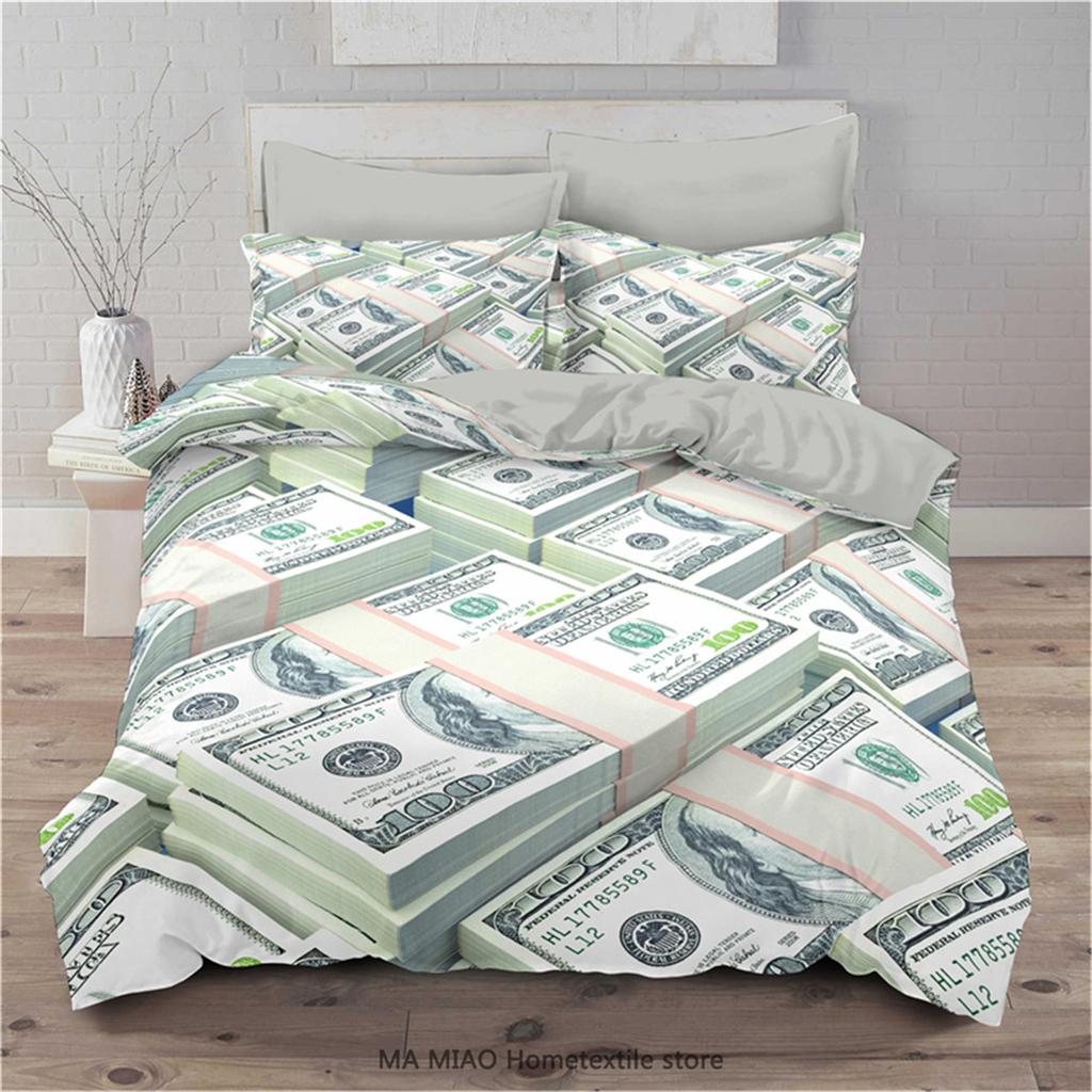 3D Modernes Bettwäsche-Set Dollar-Motiv Gedruckter Bettbezug Lebendiger Bettdeckenbezug 2/3 Teile Geld Mathematik Muster Lustiges Weiches Bettset