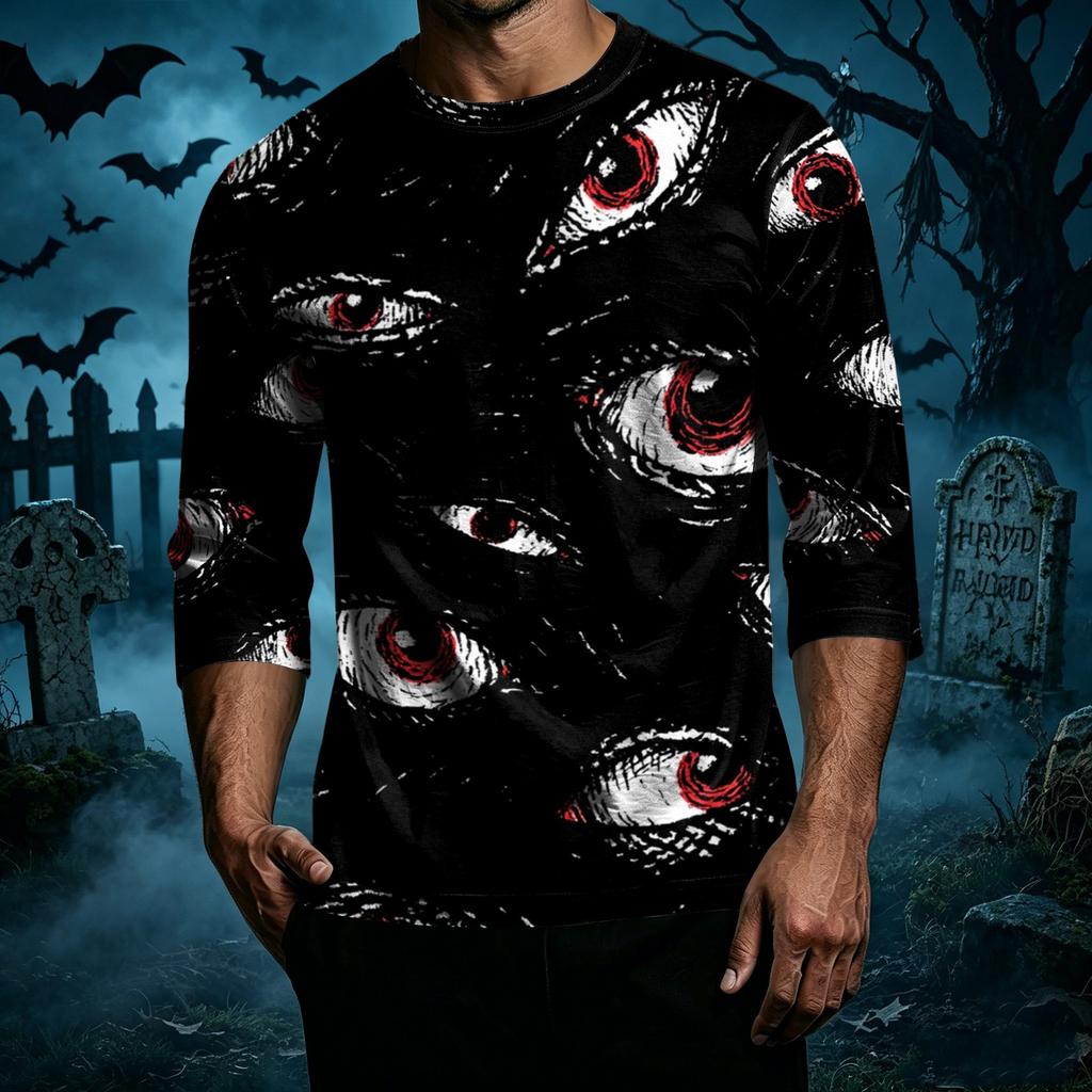 Men Casual Halloween Print Crew Neck T Shirt Three Quarter Sleeve Top Lightweight Comfortable Fit