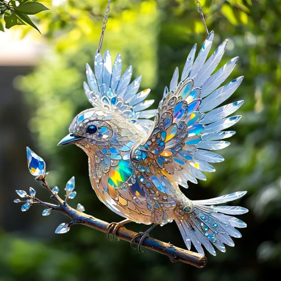 Yousheng Bluebird Hanging Decoration Stained Glass Art Bird Ornament 2D Flat Acrylic Pendant for Window Wall Home Garden Decor
