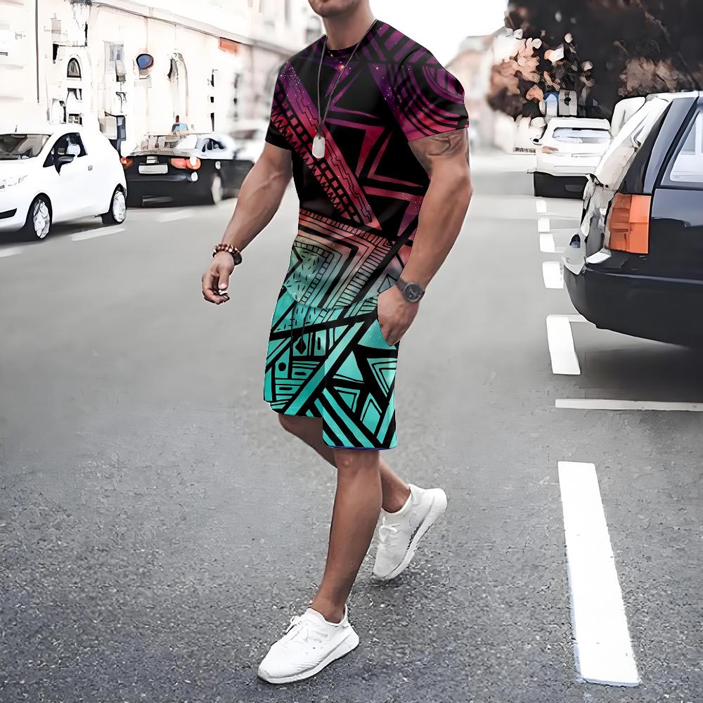 Irregular Geometric Print Short Sleeve And Shorts Set Fashion Men's T-shirt Shorts 2-piece Set Quick-dry Breathable Mesh T Shirt