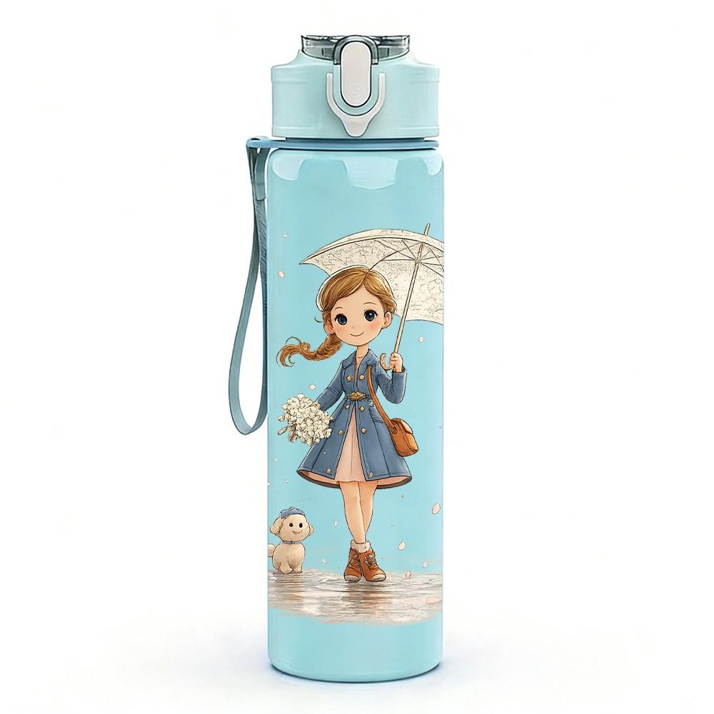 1PC Little Girl Hold Umbrella Vintage Print 750ml Color Plastic Sports Water Bottle Leakproof Flip Straw Lid Suitable for Sports Office Home Use