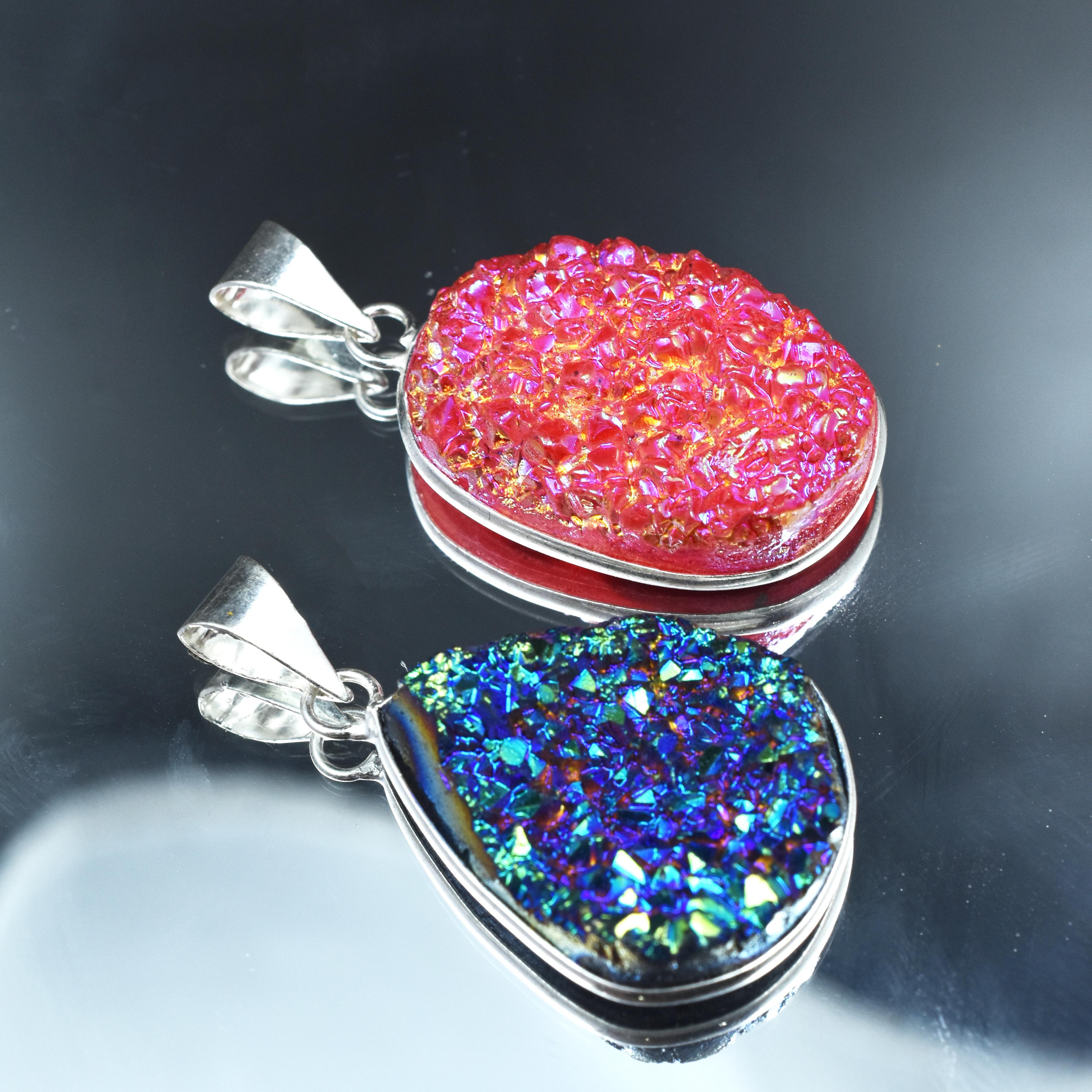 

Handmade Pendant Stone Oval-Pear Cut 90.30 Ct Titanium Druzy 925 Silver Gemstone AR-1703-S