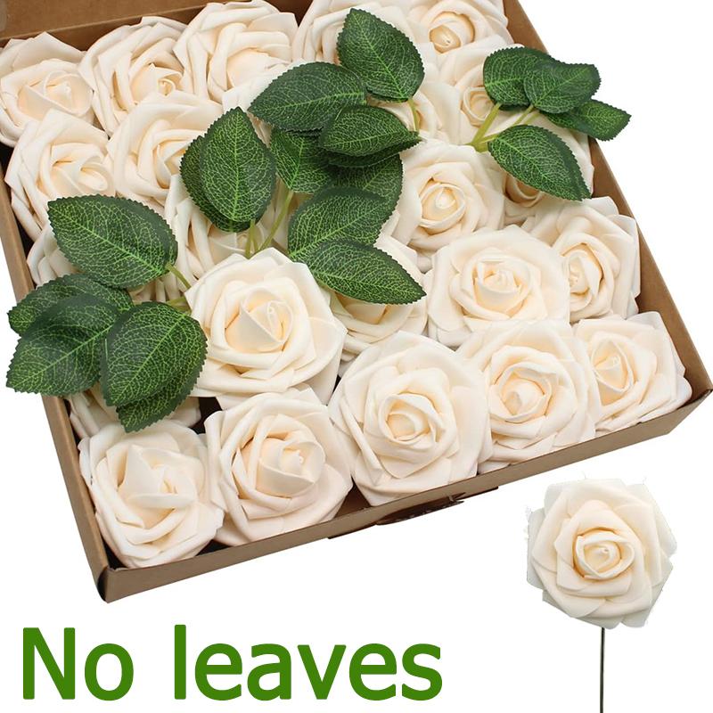 100/10Pcs Artificial Flowers Fake Rose Heads with Stems Valentines Day Gift DIY Wedding Bouquet Decorations Green Leaves