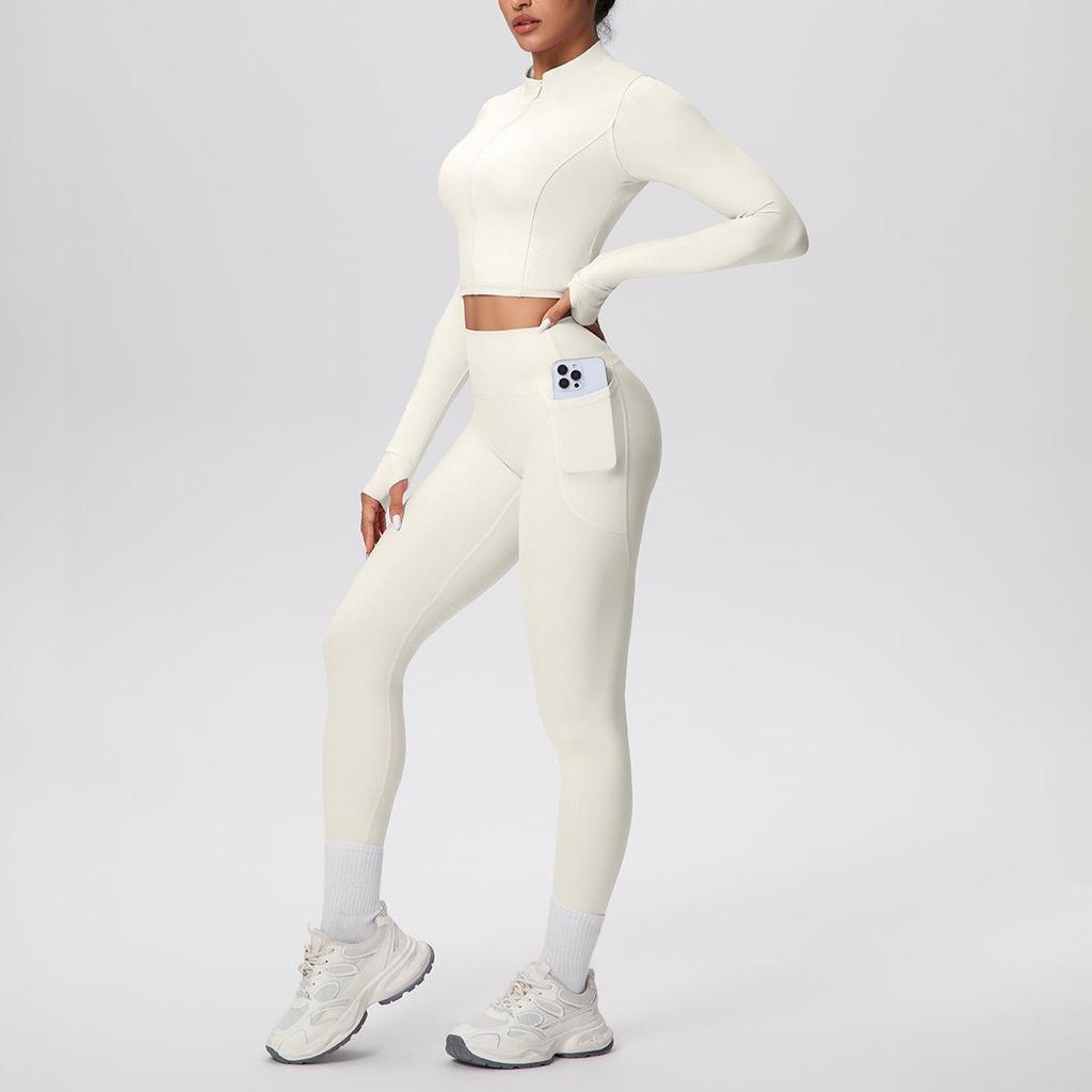 Zipper Crop Top Jacket & High-Waist Butt-Lifting Pocketed Pants Sports Set - Perfect for Yoga, Running, & Casual Fitness.