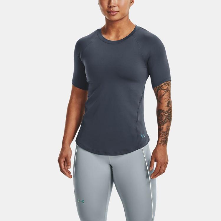 Under Armour Rush Series Solid Training Sports Casual Round Neck Print Short Sleeve T-Shirt Women Tops Storm-Gray 1368178-044
