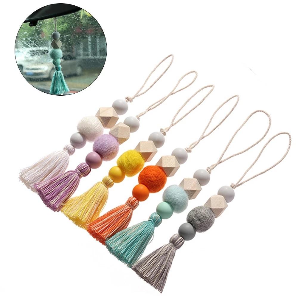 Aromatherapy Auto Rear View Mirror Pendants Tassel Natural Wood Silicone Felt Beads Car Hanging Ornaments Perfume Diffuser