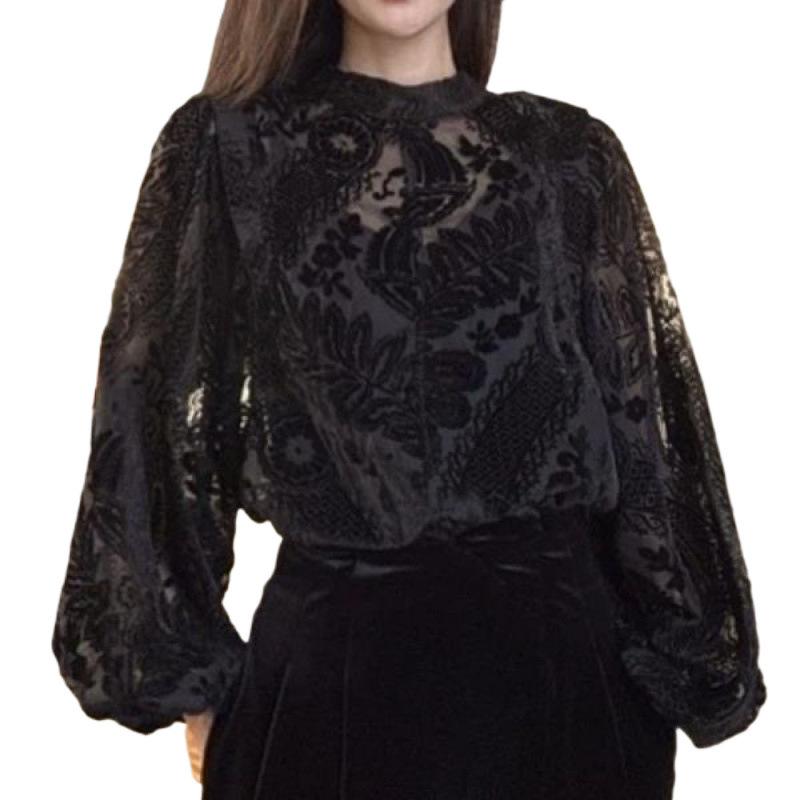 Vintage Lantaarnmouw Kant Blouse Shirt Franse Chic Velours Losse Pullover Sexy Kantoor Dame Doorzichtig Chic Tops Kleding