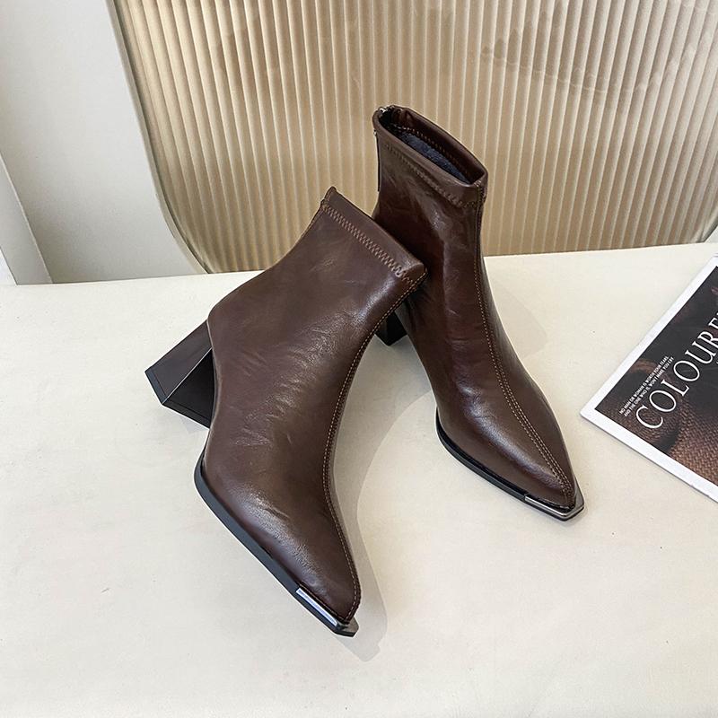 Winter Street Pointed Toe Women Ankle Thick Heels Female Retro Short Booties De Muje for Adult Women