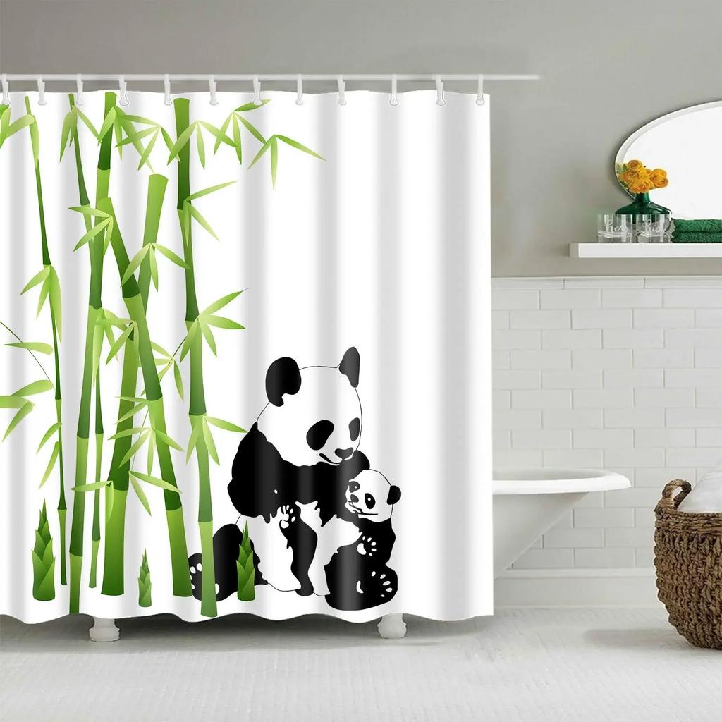 Panda Bamboo Shower Curtain, Cartoon Funny Cute Blue Sky Rainbow Kids Bamboo Forest Animals Birds, Bathroom Decorative Fabrics