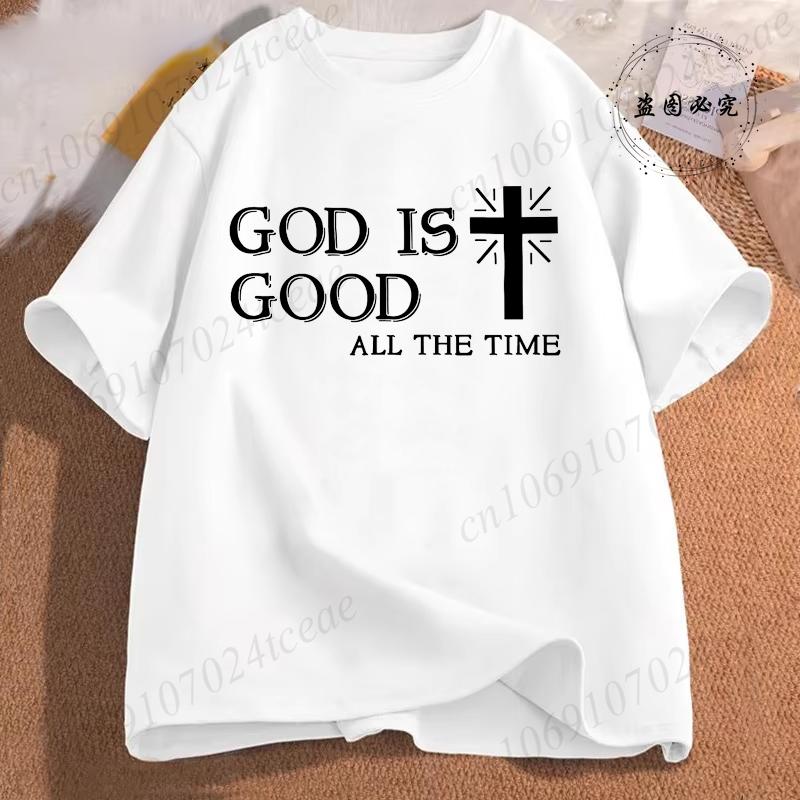 Unisex Casual Summer TShirts Cross God Is Good All The Time Graphic Printed Short Sleeve TShirt Christian Jesus Quote Tees Tops