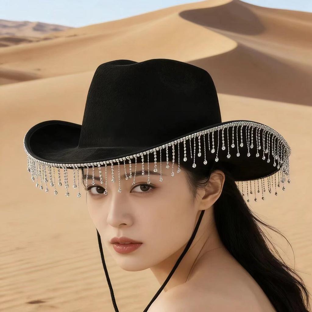 European and American New Party Party Fringed Rhinestone Top Hat Nightclub Style Party Jazz Hat Diamond Chain Decorative Hat Tide