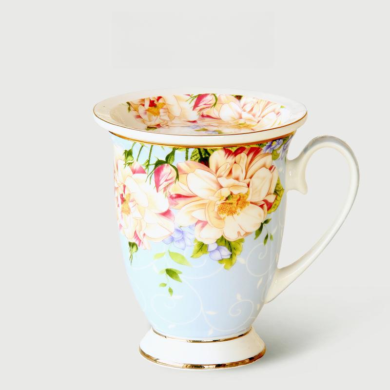 Fine Bone China Coffee Mugs Set of 4, Hand Drawn Gold Rimmed Floral Mugs, Porcelain Bone China Tea Cup with Lid, 300ml Elegant Office Home Tea Sets