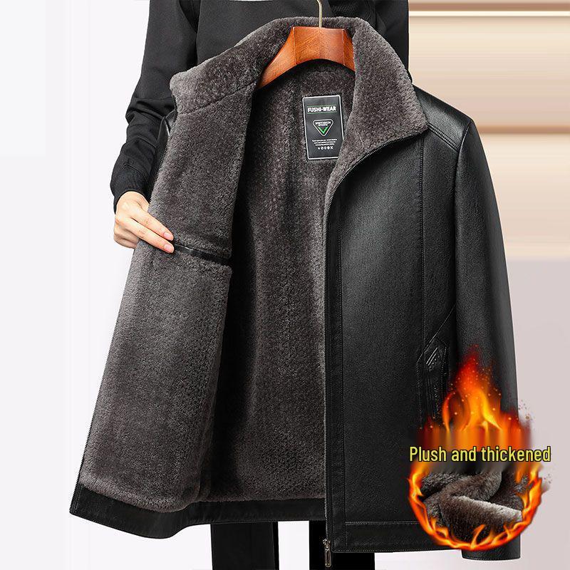 

Men s Easy-Care Plus Velvet Thickened PU Leather Jacket - Autumn/Winter Mid-Age Dad Coat 180 for 115-130 jin