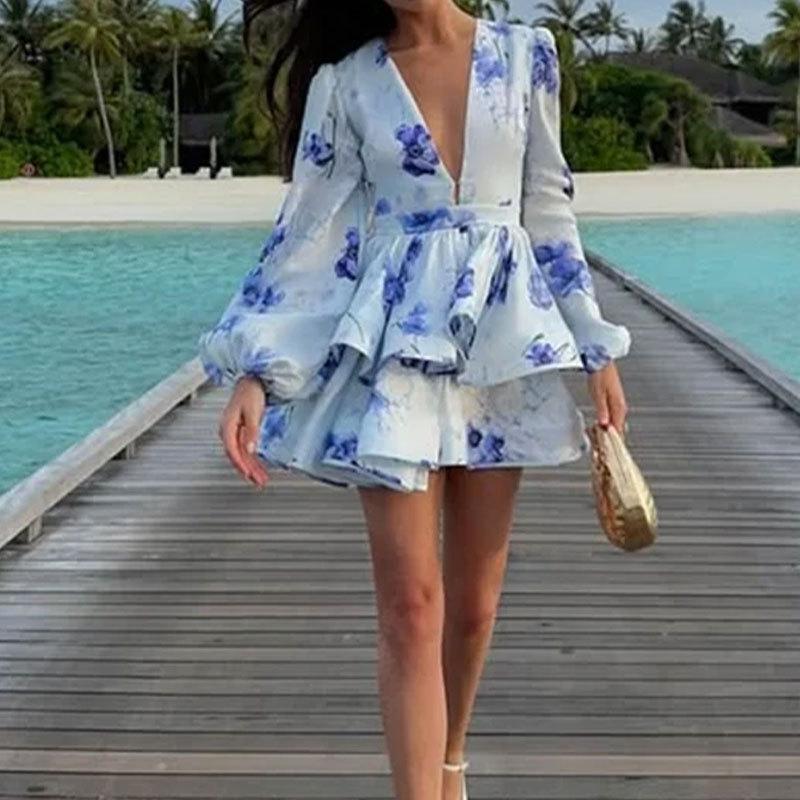 Spring European Style Women Clothing Elegant Fashionv Ruffle Maxi Dress S