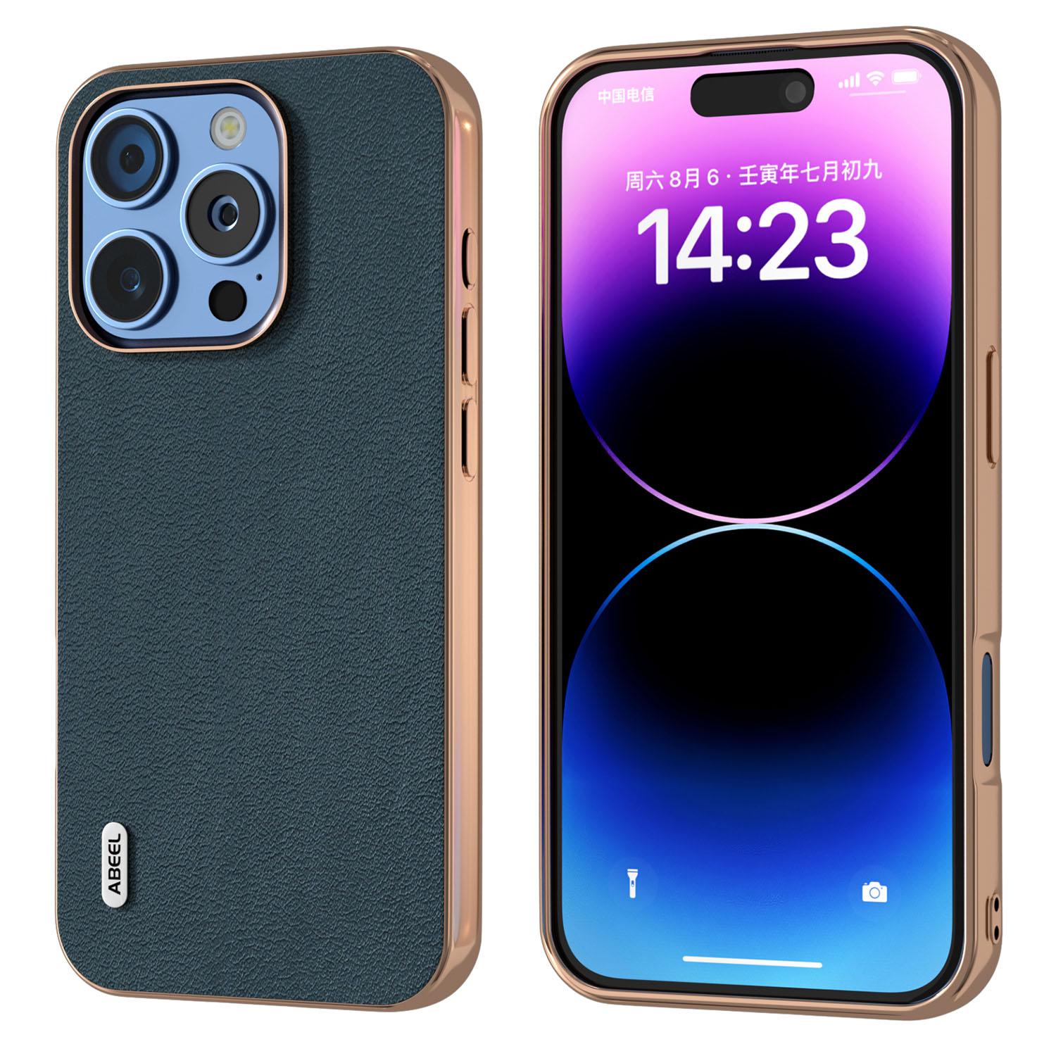 

ABEEL For iPhone 16 Pro Max Case Electroplating Edge Genuine Cow Leather+PC+TPU Phone Cover Green