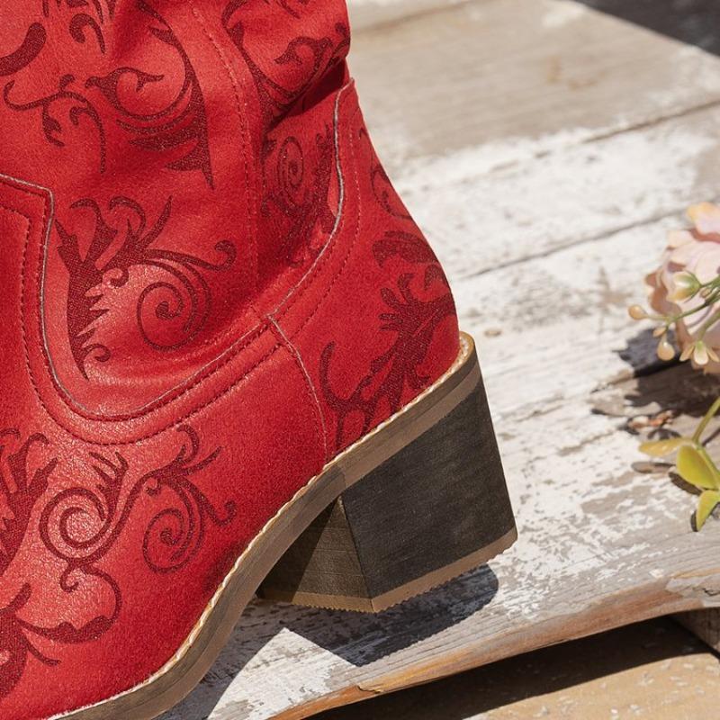 Damen Europäische Größe Holzabsatz Bestseller Western Cowboy Stiefel Kniehoch Neu Bedruckt Slipper High Heel Lederstiefel