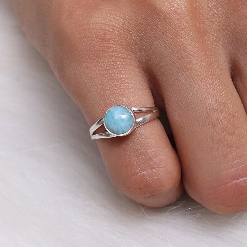 Natural Larimar Round Gemstone Ring, Solid 925 Sterling Silver, Birthstone Jewelry, Rings For Women, Anniversary Gift, Handmade Jewelry
