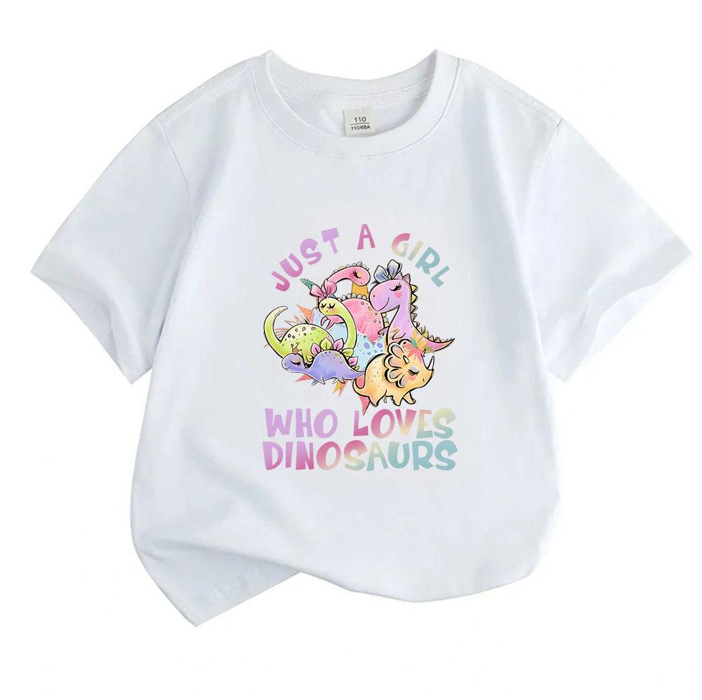 Kids Boys Girls 100% Cotton Short Sleeve Crew Neck T-Shirt, Cute Cartoon Dinosaur Print Just A Girl Who Loves Dinosaurs Casual Soft Tee for Children D