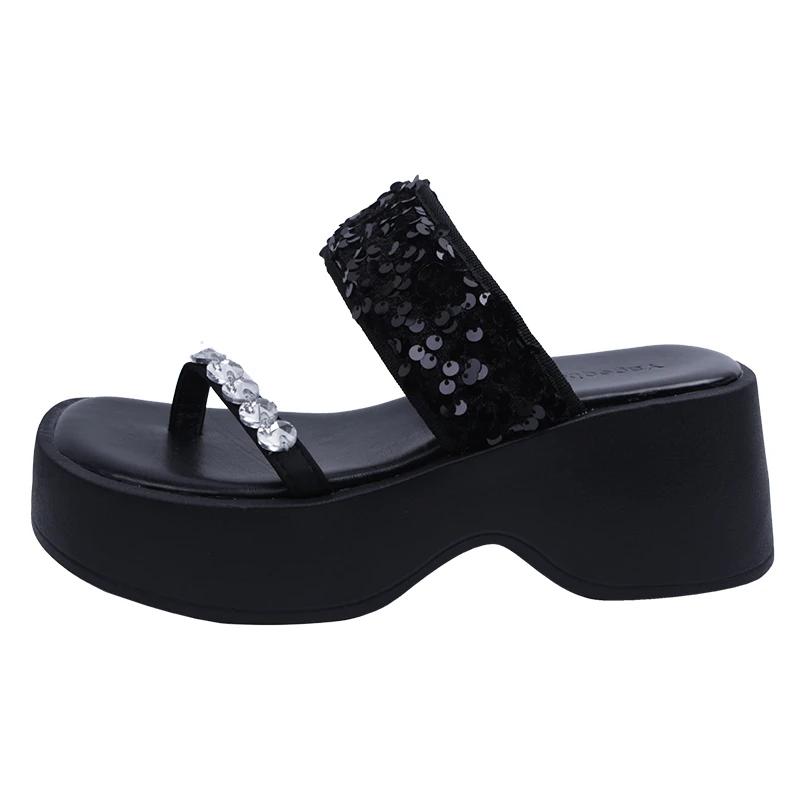 

Обувь женская 2024 г. блестящие шлепанцы тапочки для бассейна резиновые шлепанцы Pantofle платформа желе пляж гавайский новый плоский 36 чёрный