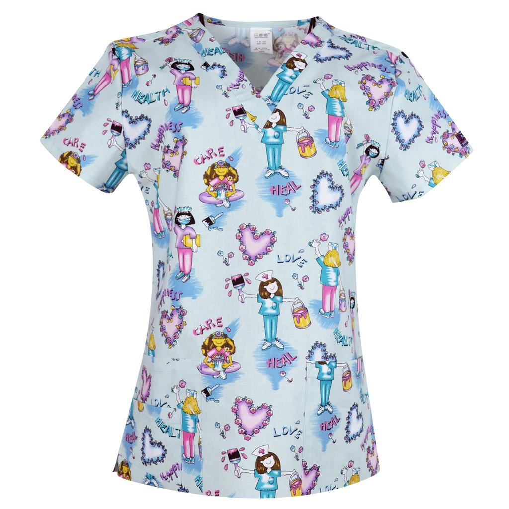 Hennar Uniforme de Trabalho Feminino 100% Algodão Estampado Uniformes Decote V Manga Curta XXS-3XL Hospitalar Clínico Uniforme de Trabalho Top