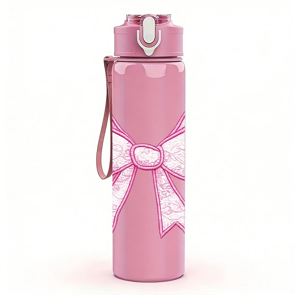 1PC Soft Pink Fabric Bow Decor Print 750ml Color Plastic Sports Water Bottle Leakproof Flip Straw Lid Suitable for Sports Office Home Use